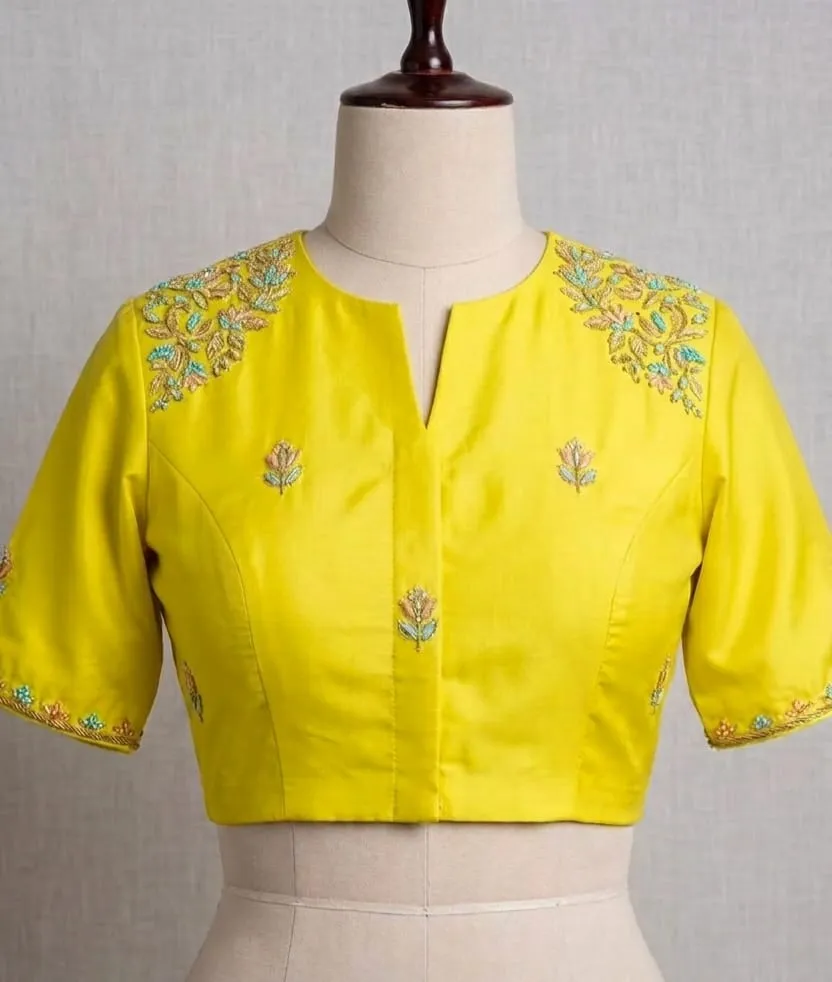 Shoulder Embroidered Notch Neck Yellow Silk Blouse – Zardozi Floral Bead Work Readymade Saree Blouse 1