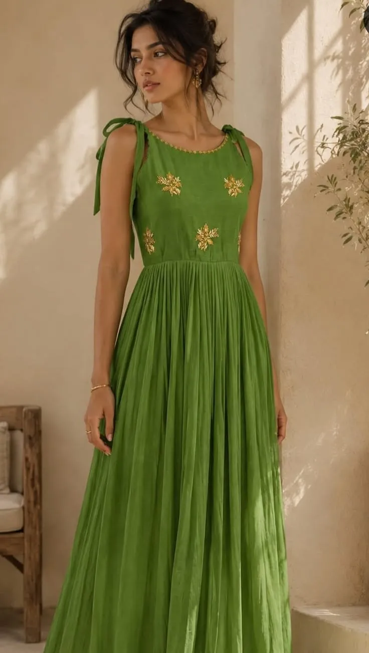 Shoulder Tie Strap Anarkali Gown with Hand Embroidered Yoke Motifs | Haldi & Mehendi Outfit