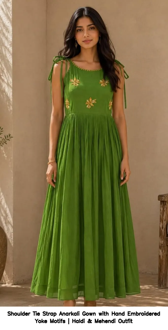 Shoulder Tie Strap Anarkali Gown with Hand Embroidered Yoke Motifs | Haldi & Mehendi Outfit 3