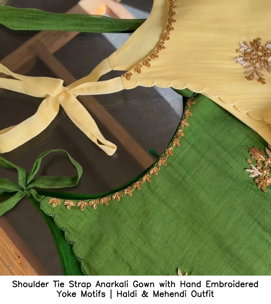 Shoulder Tie Strap Anarkali Gown with Hand Embroidered Yoke Motifs | Haldi & Mehendi Outfit 4