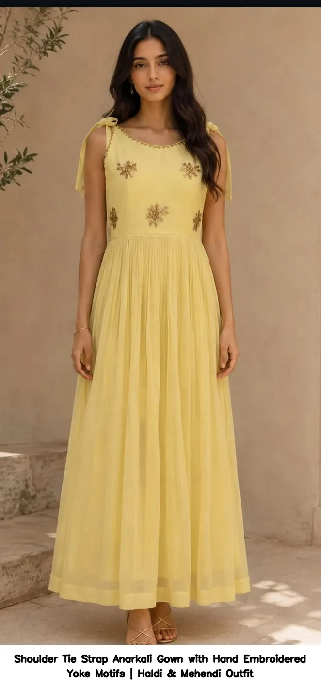 Shoulder Tie Strap Anarkali Gown with Hand Embroidered Yoke Motifs | Haldi & Mehendi Outfit 6