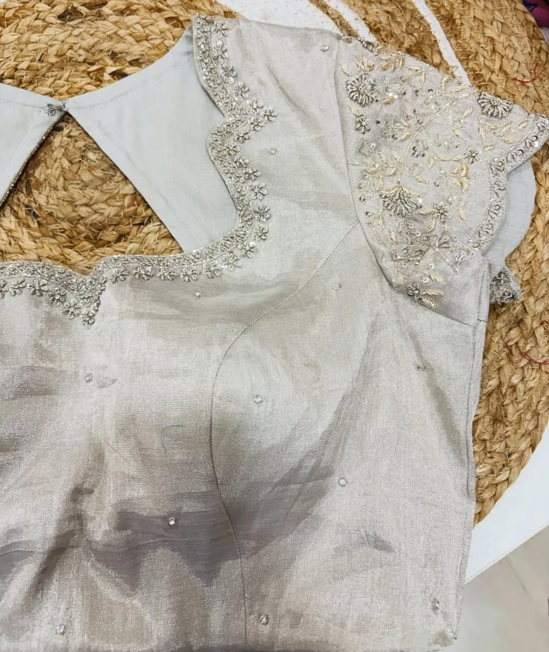 Silver Grey Zardosi Work Designer Blouse with Scalloped Neck | Hand Embroidered Party Wear Silk Blouse