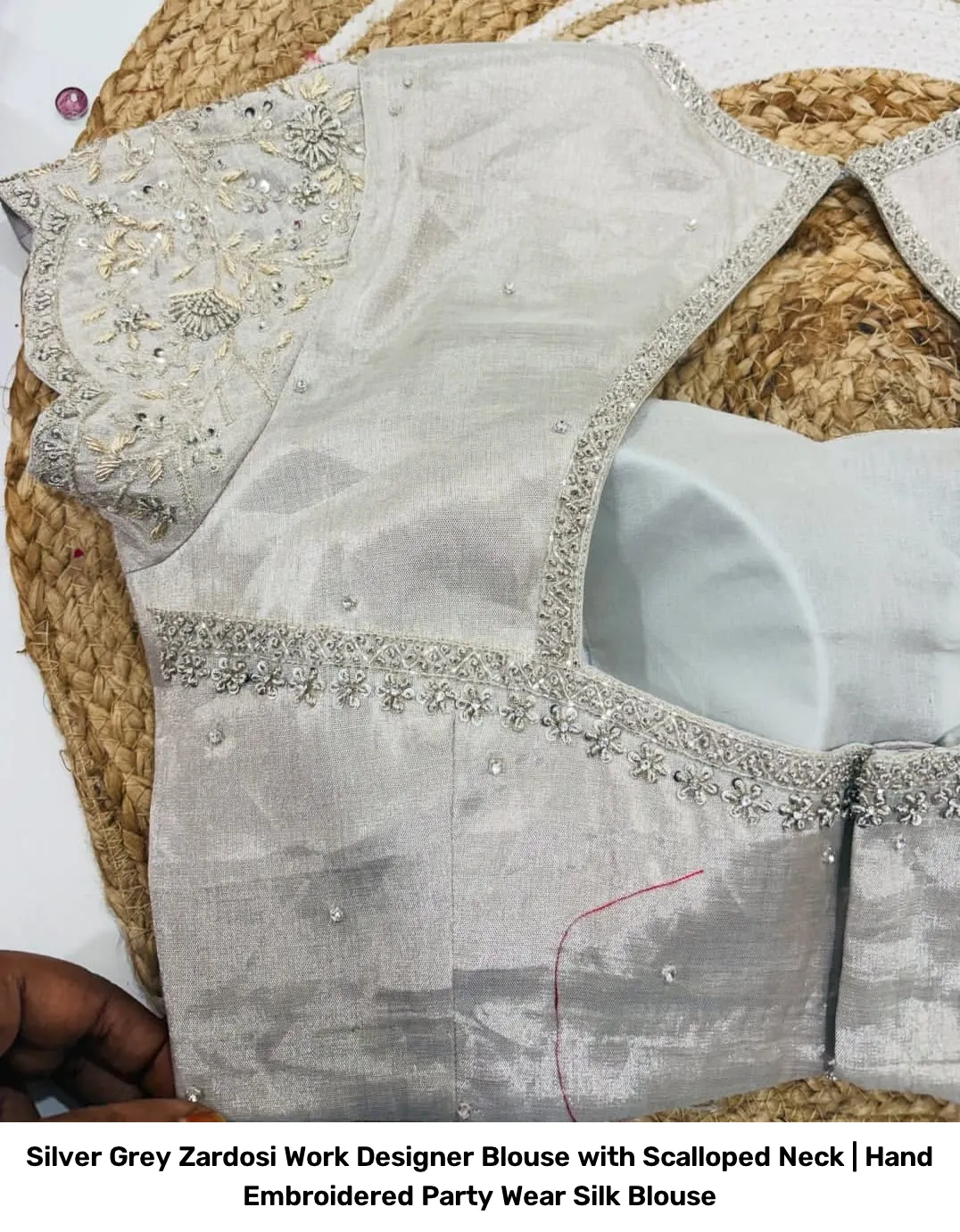 Silver Grey Zardosi Work Designer Blouse with Scalloped Neck | Hand Embroidered Party Wear Silk Blouse 2