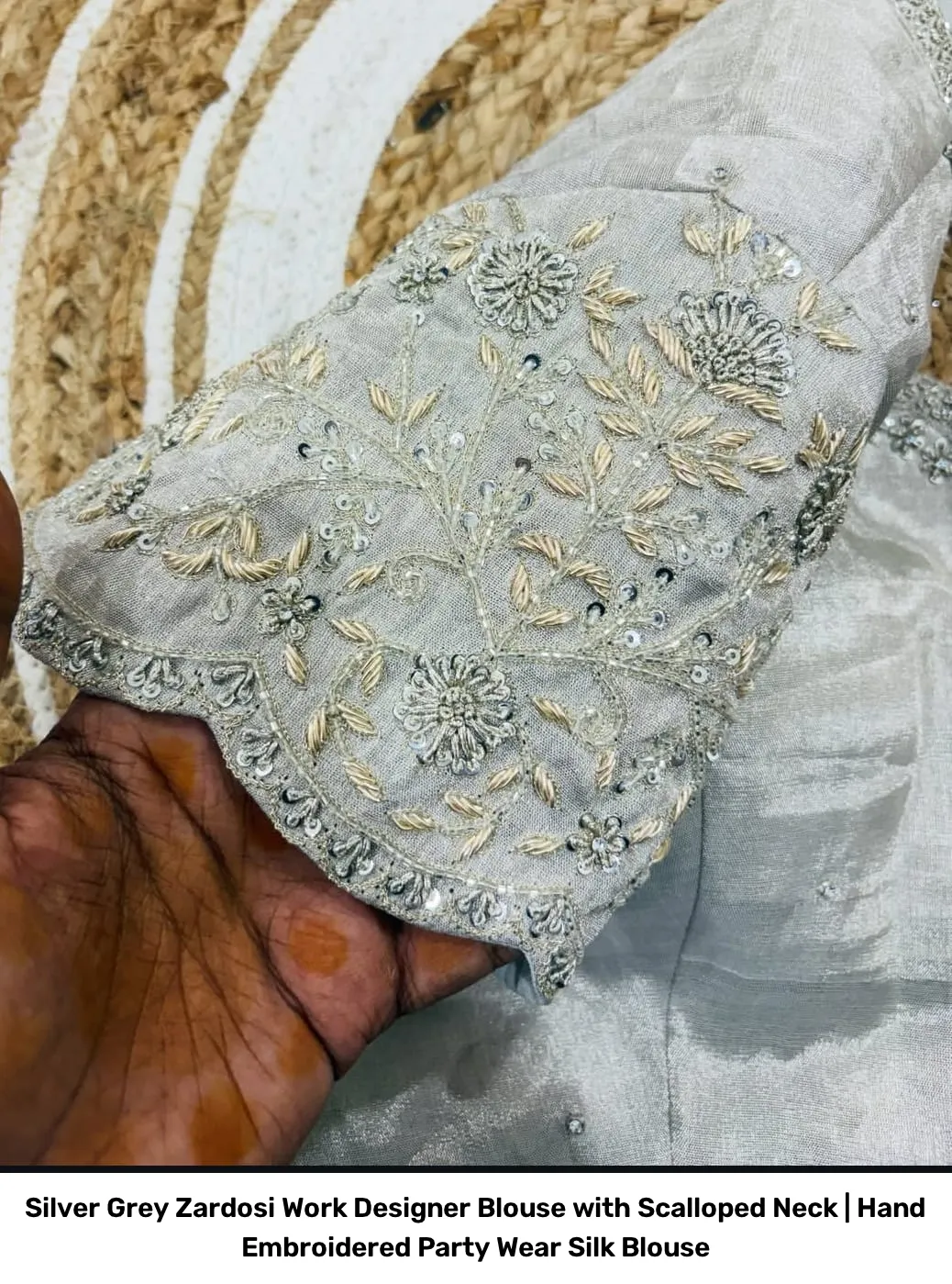 Silver Grey Zardosi Work Designer Blouse with Scalloped Neck | Hand Embroidered Party Wear Silk Blouse 3