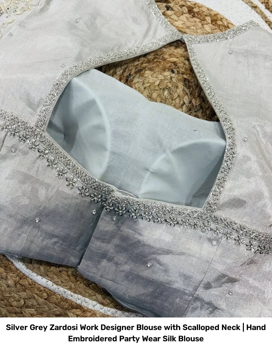 Silver Grey Zardosi Work Designer Blouse with Scalloped Neck | Hand Embroidered Party Wear Silk Blouse 4