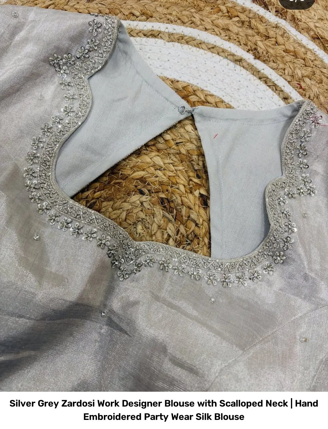 Silver Grey Zardosi Work Designer Blouse with Scalloped Neck | Hand Embroidered Party Wear Silk Blouse 5