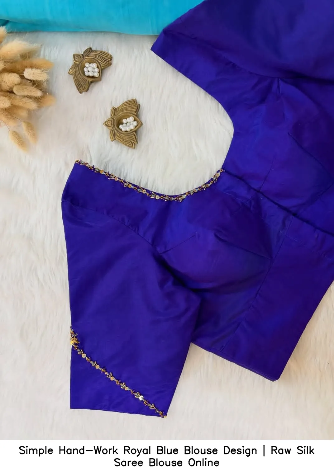 Simple Hand-Work Royal Blue Blouse Design | Raw Silk Saree Blouse Online 2