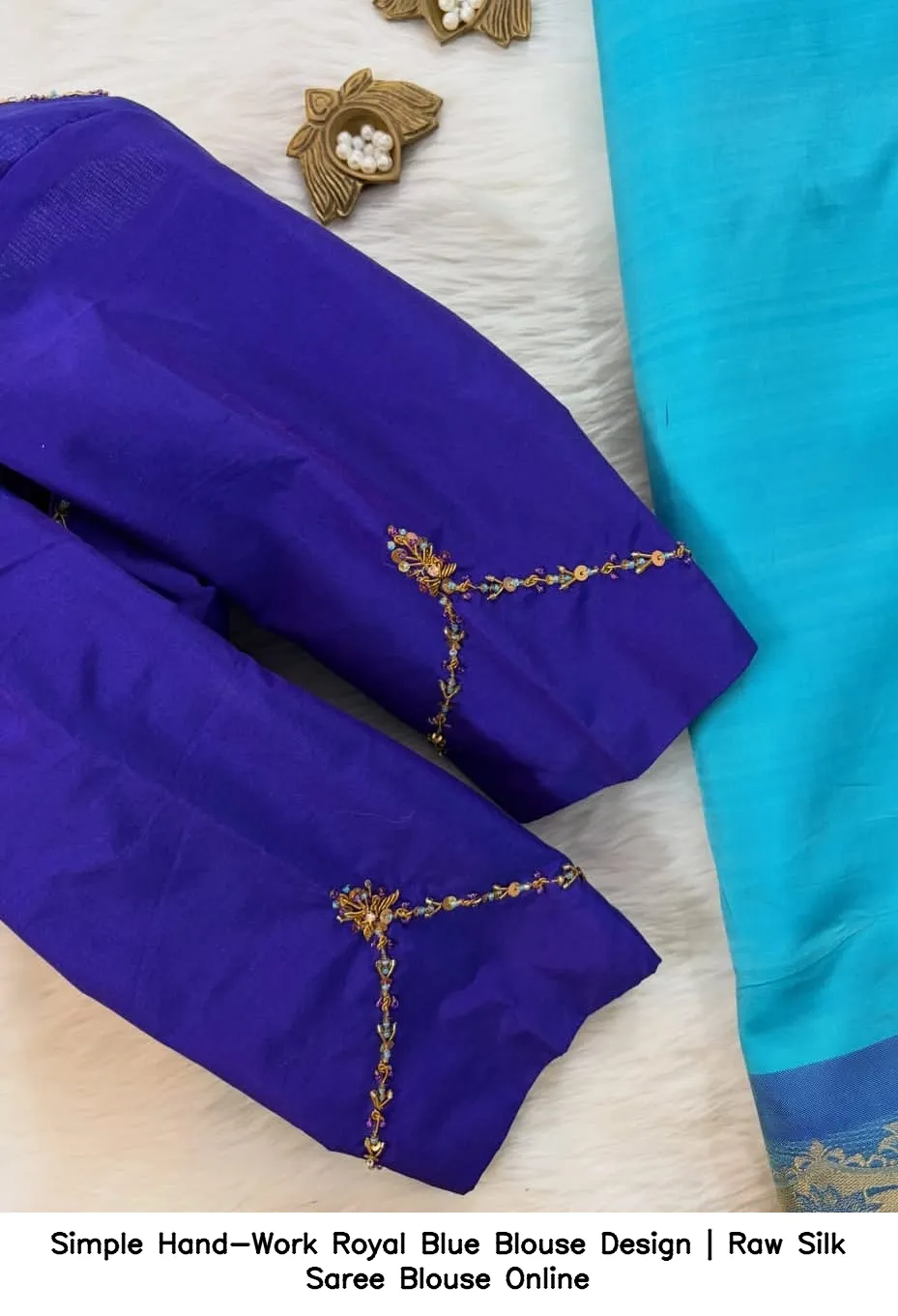 Simple Hand-Work Royal Blue Blouse Design | Raw Silk Saree Blouse Online 3