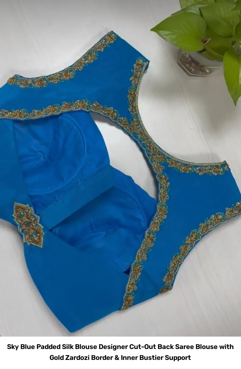 Sky Blue Padded Silk Blouse – Designer Cut-Out Back Saree Blouse with Gold Zardozi Border & Inner Bustier Support 2