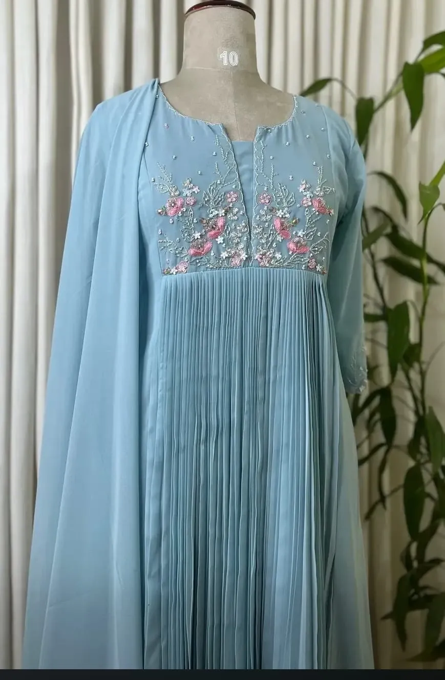 Sky Blue Pleated Anarkali Dress with Dupatta | Floral Embroidered Gown