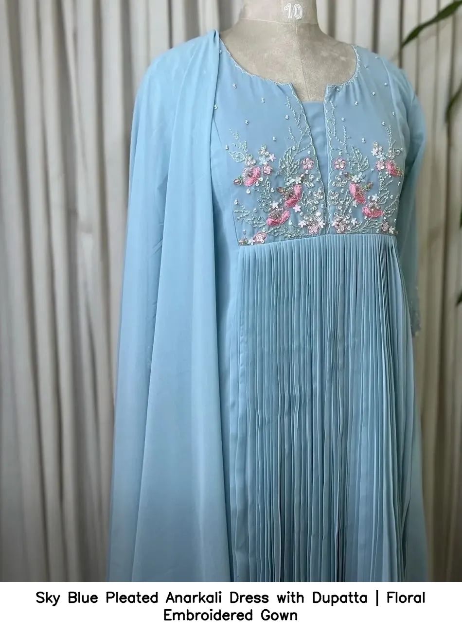 Sky Blue Pleated Anarkali Dress with Dupatta | Floral Embroidered Gown 2