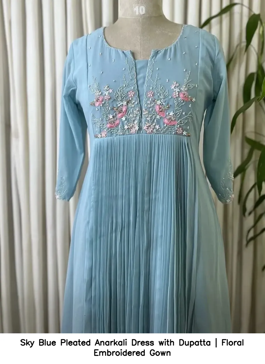 Sky Blue Pleated Anarkali Dress with Dupatta | Floral Embroidered Gown 3