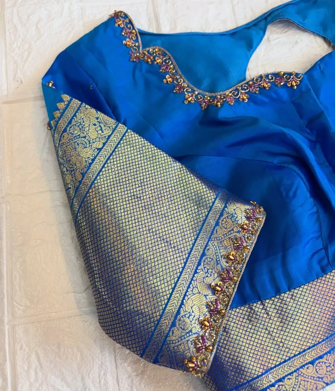 Sky Blue Pure Silk Maggam Work Blouse | Cutwork Back Neck & Traditional Kanchi Zari Border Bridal Saree Blouse