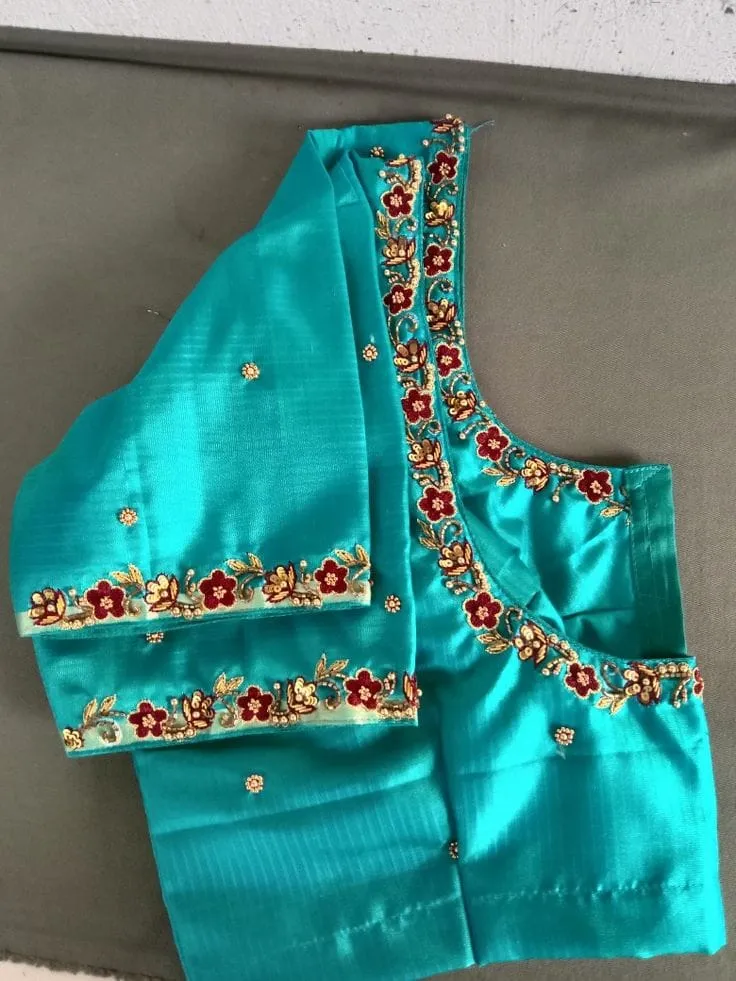 Sky Blue Raw Silk Maggam Work Blouse | Hand Embroidered Floral Neck & Sleeve Design for Saree