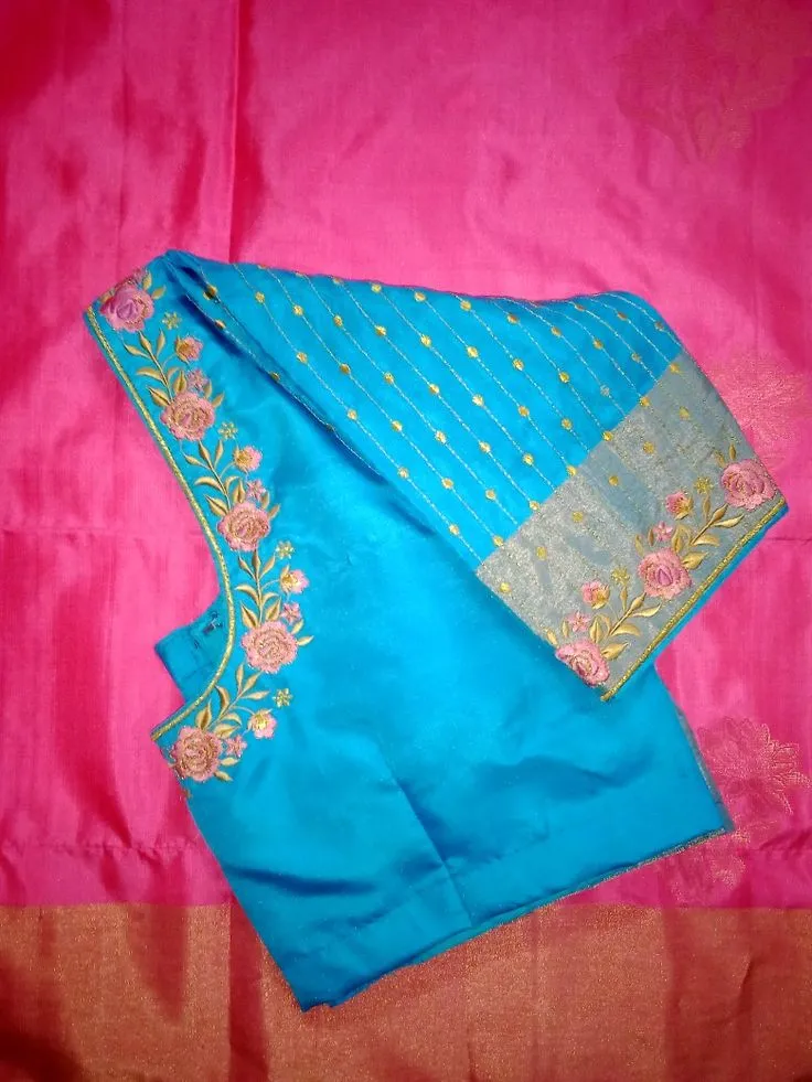 Sky Blue Silk Blouse | Rose Embroidery | Golden Bead Work | Computer Work Blouse