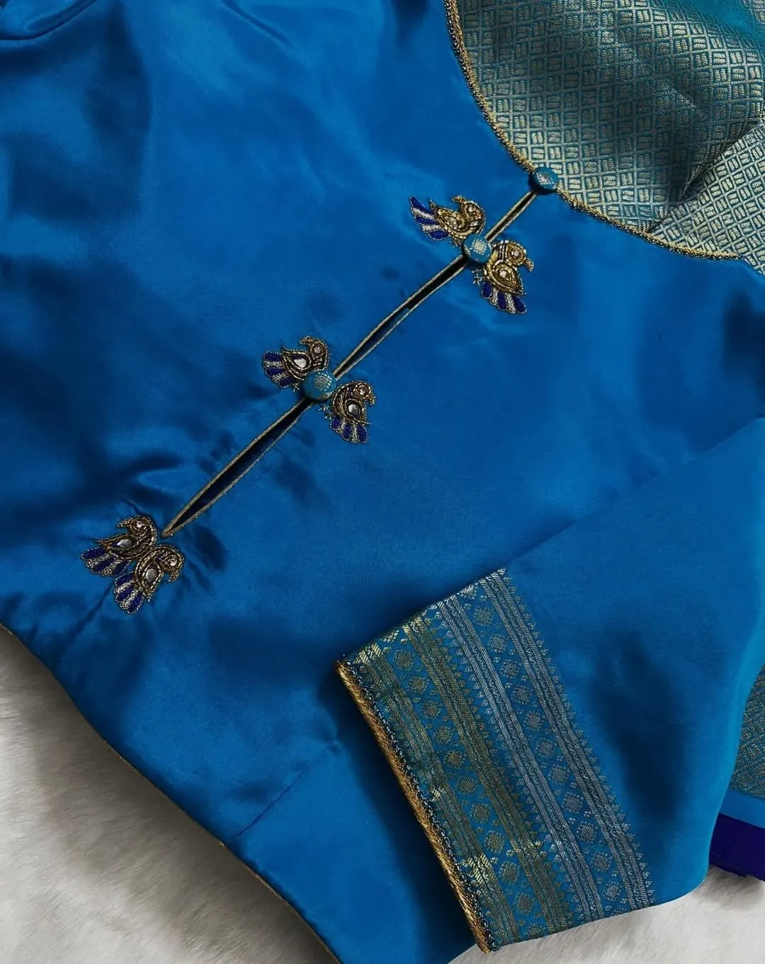 Sky Blue Silk Saree Blouse | Handcrafted Peacock Motif & Potli Button Aari Work Blouse 1
