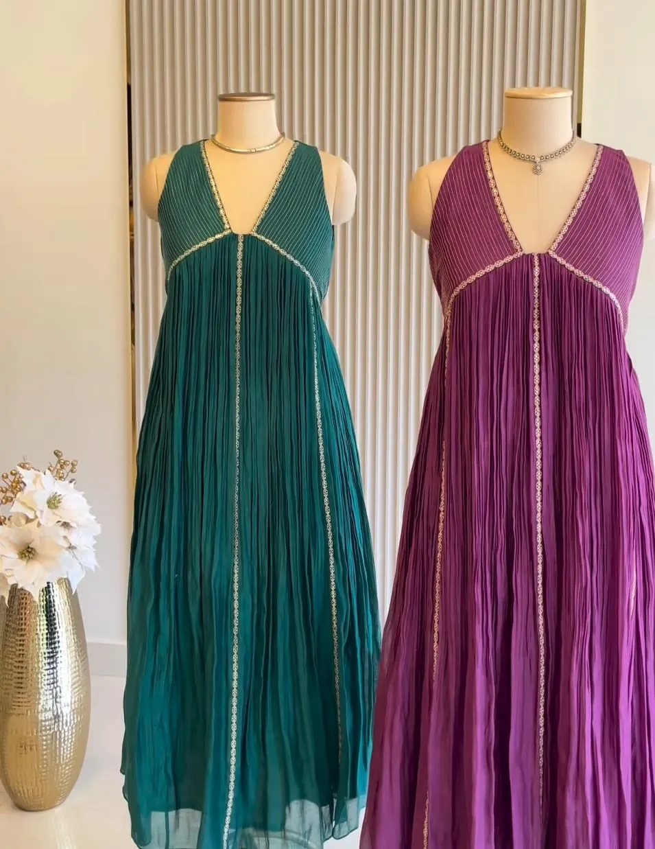 Sleeveless Crinkle Pleated Long Frock with V-Neck Striped Bust & Lace Detail