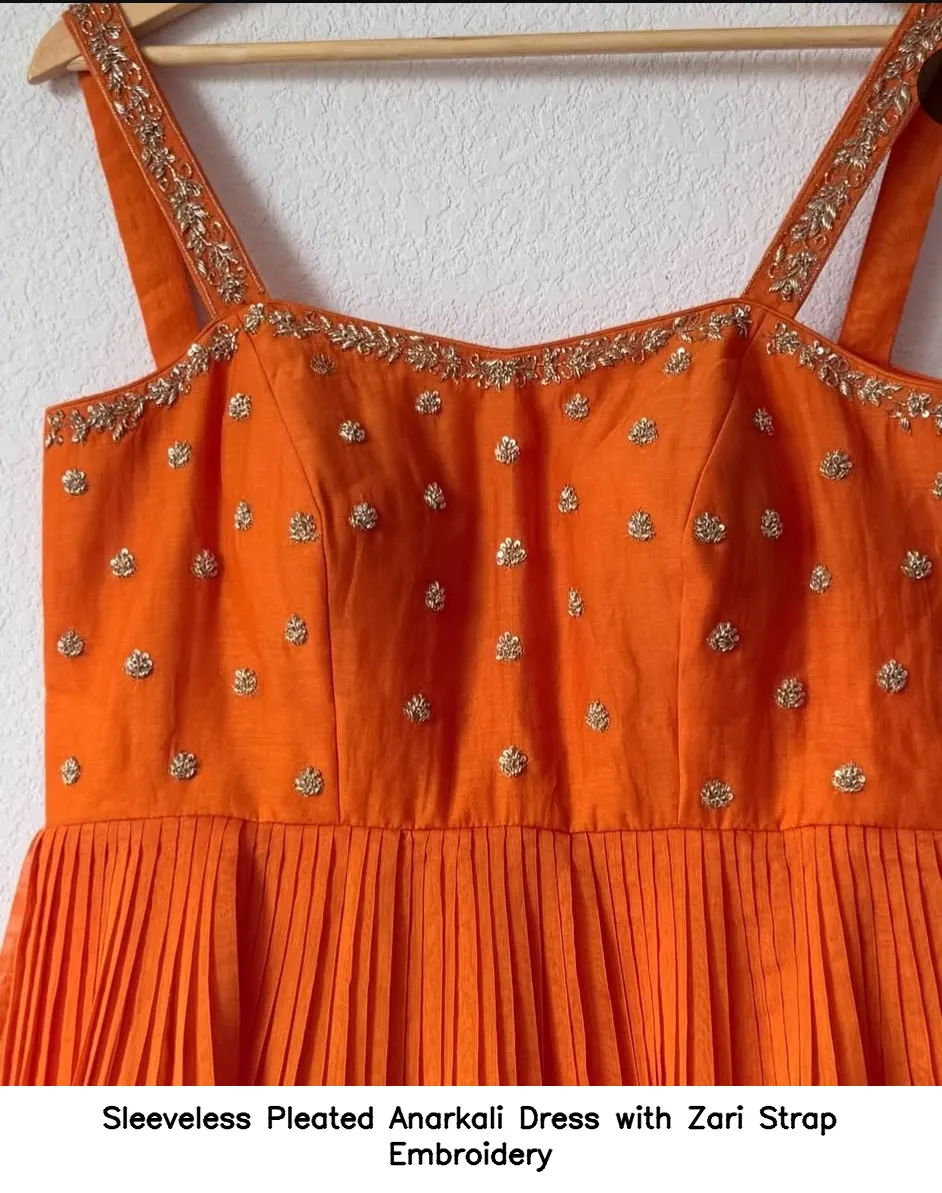 Sleeveless Pleated Anarkali Dress with Zari Strap Embroidery 3