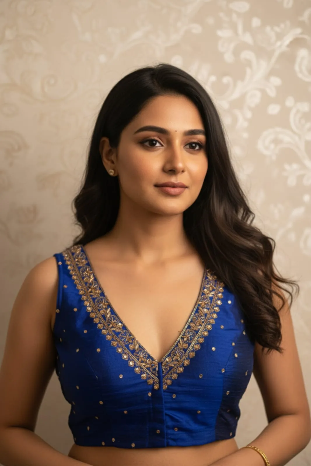 Sleeveless Raw Silk Saree Blouse | Designer Deep V-Neck Embroidered Blouse