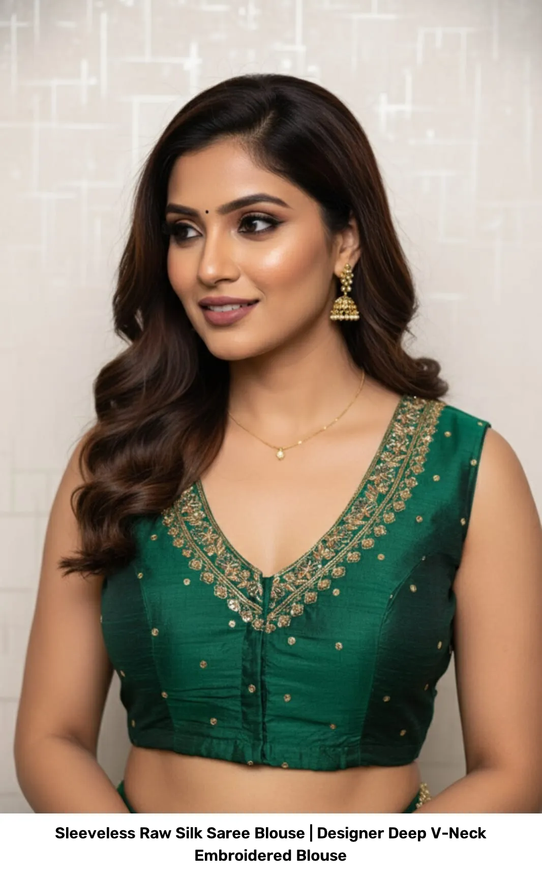 Sleeveless Raw Silk Saree Blouse | Designer Deep V-Neck Embroidered Blouse 2