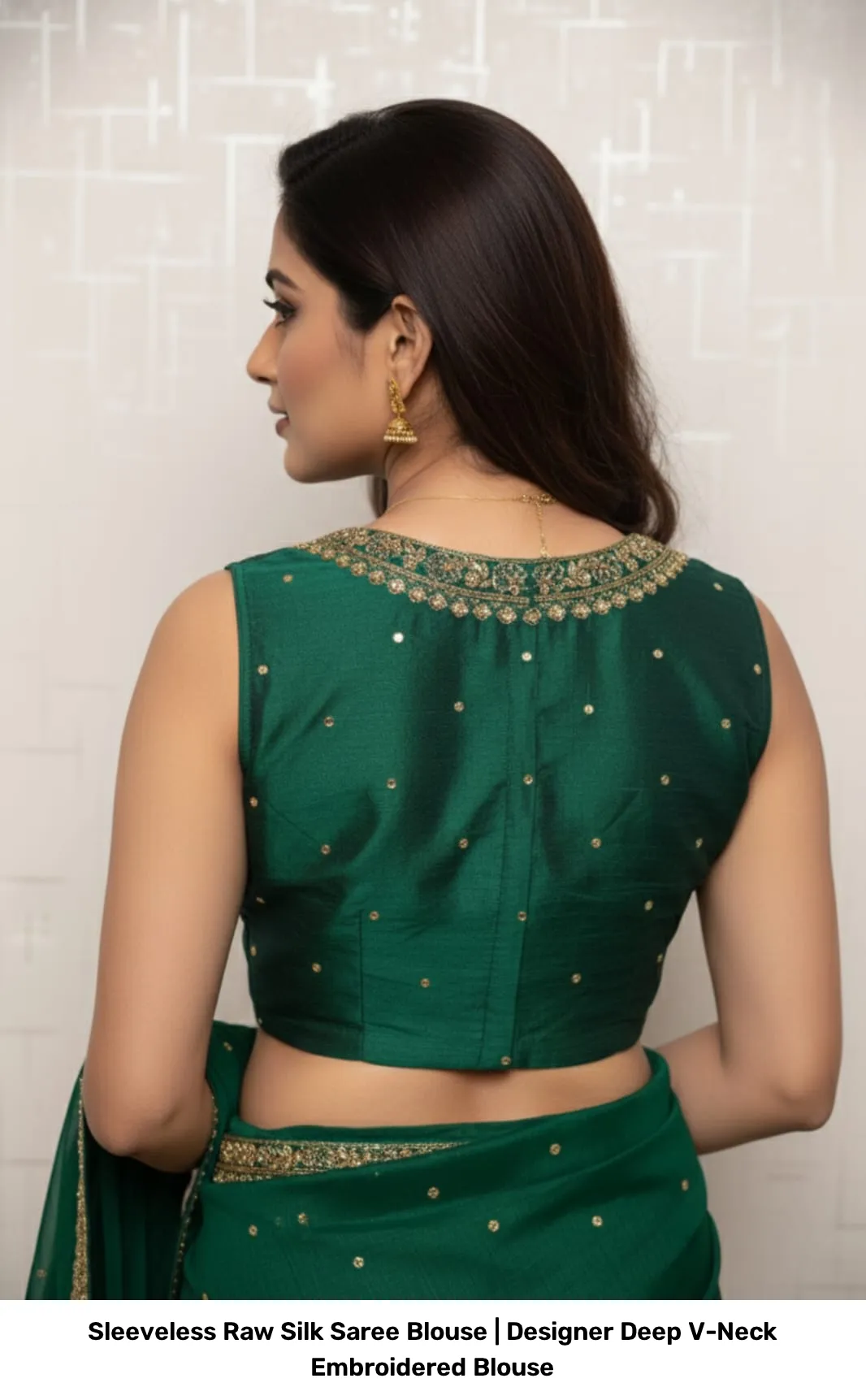 Sleeveless Raw Silk Saree Blouse | Designer Deep V-Neck Embroidered Blouse 3