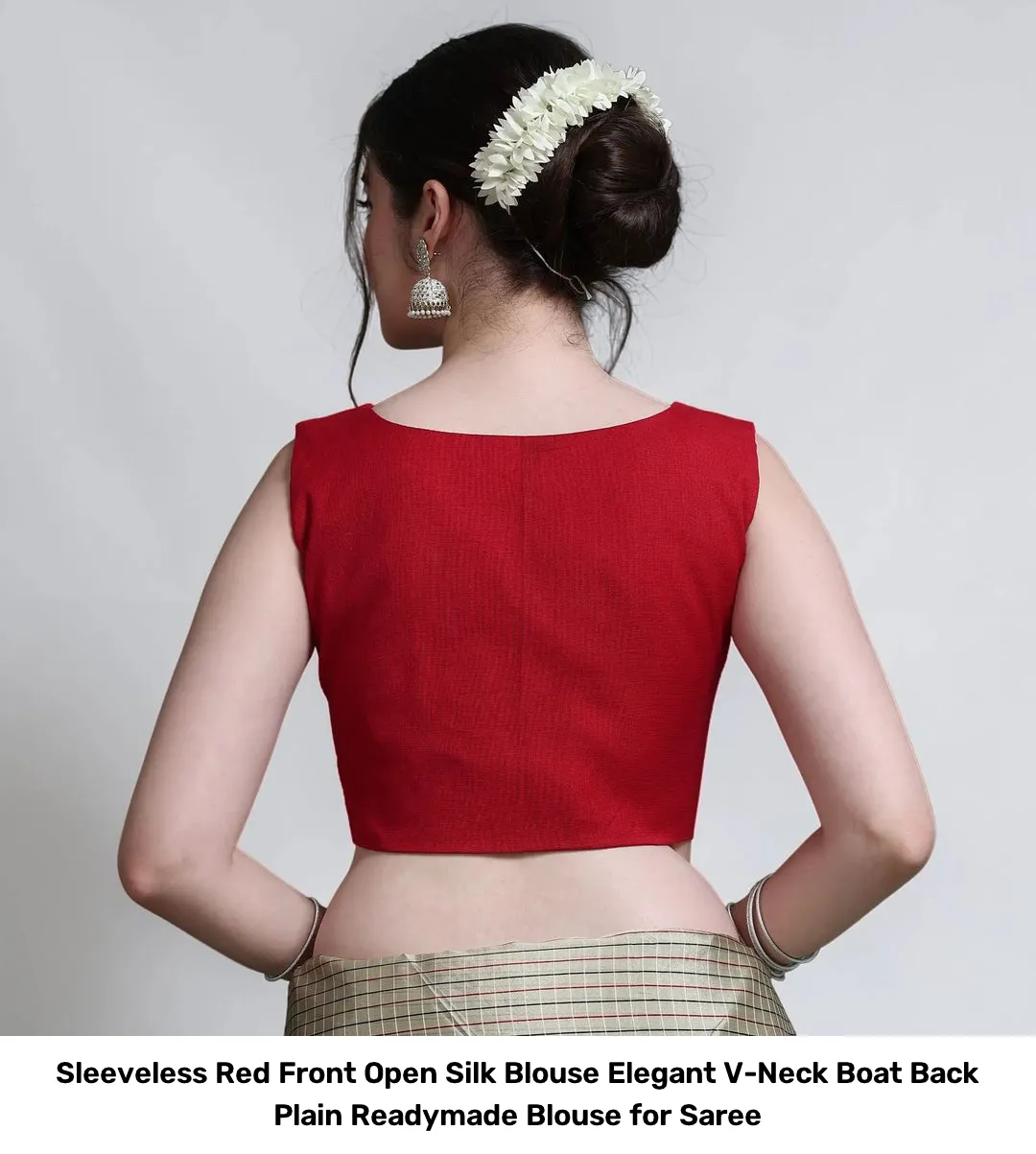 Sleeveless Red Front Open Silk Blouse – Elegant V-Neck Boat Back Plain Readymade Blouse for Saree 2