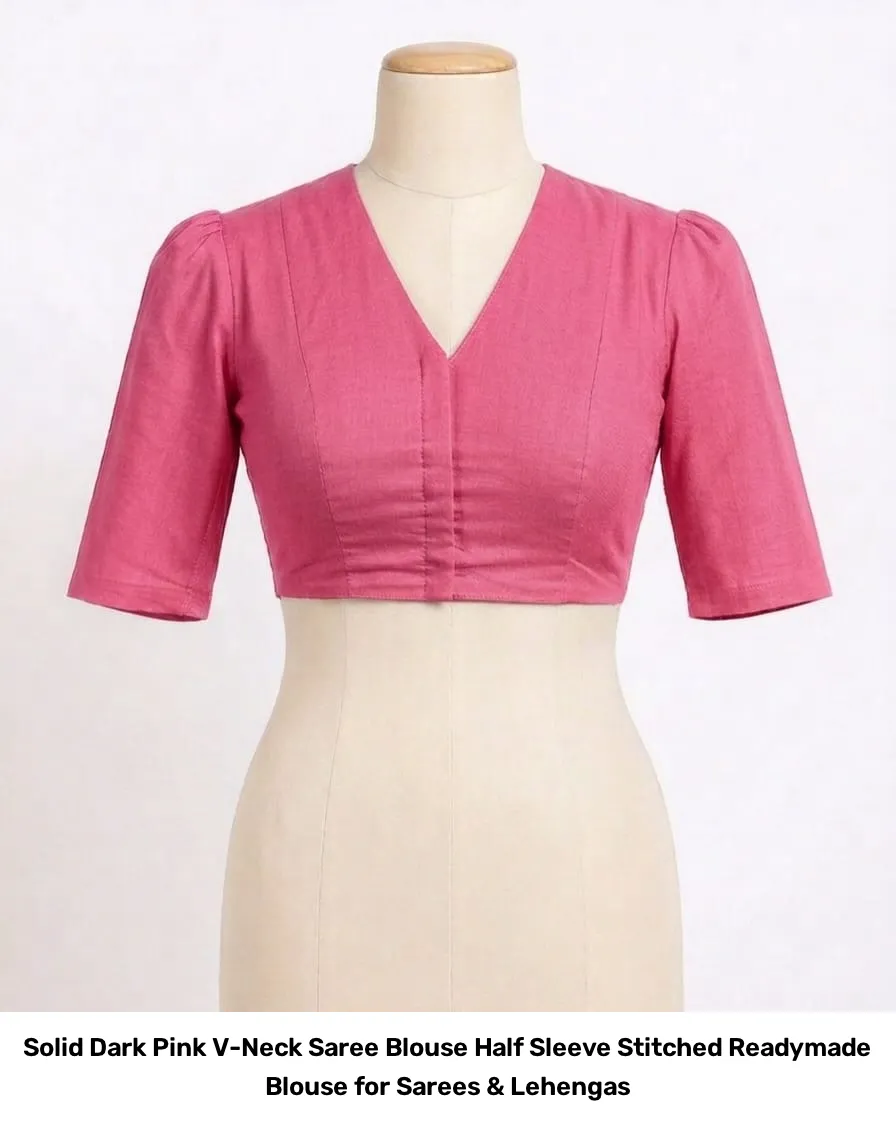 Solid Dark Pink V-Neck Saree Blouse – Half Sleeve Stitched Readymade Blouse for Sarees & Lehengas 3