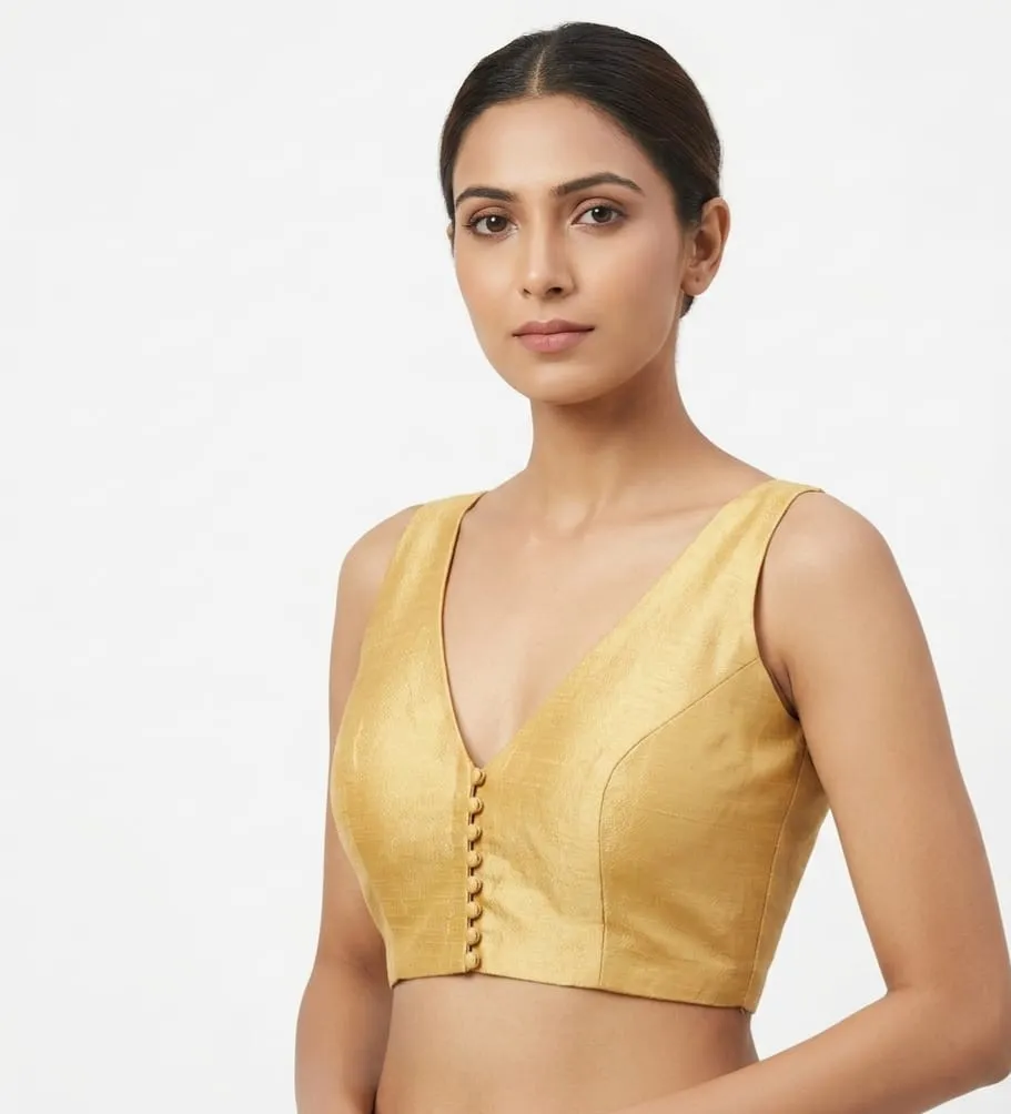 Solid Gold Raw Silk Sleeveless Saree Blouse – Deep U-Back & Front Button Open Padded Blouse