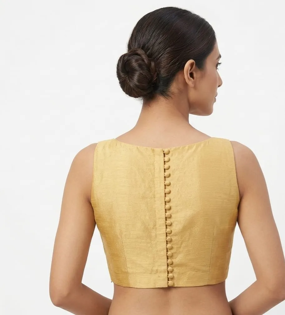 Solid Gold Raw Silk Sleeveless Saree Blouse – High Back Potli Button Readymade Crop Top