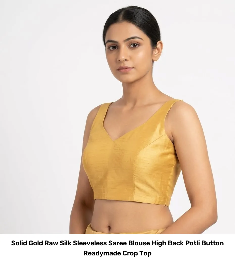 Solid Gold Raw Silk Sleeveless Saree Blouse – High Back Potli Button Readymade Crop Top 2