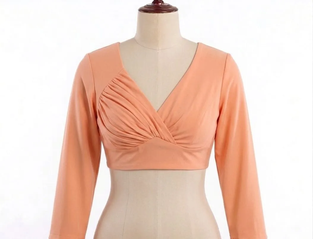 Solid Long Sleeve Readymade Blouse | Pleated Surplice V-Neck Padded Crop Top for Sarees