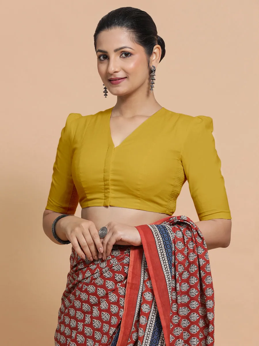 Solid Mustard Yellow Cotton Saree Blouse | Designer Princess Cut High Back Padded Crop Top Blouse for Daily & Office Wear