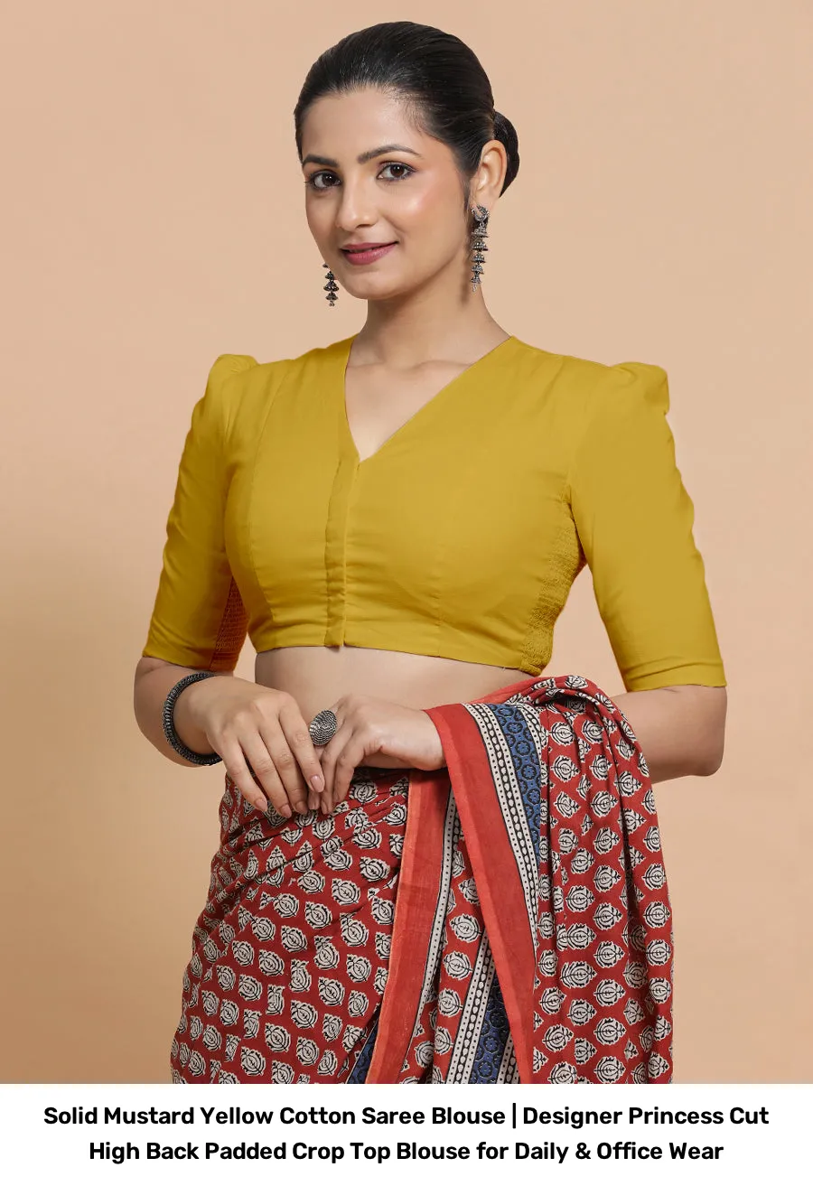 Solid Mustard Yellow Cotton Saree Blouse | Designer Princess Cut High Back Padded Crop Top Blouse for Daily & Office Wear 3