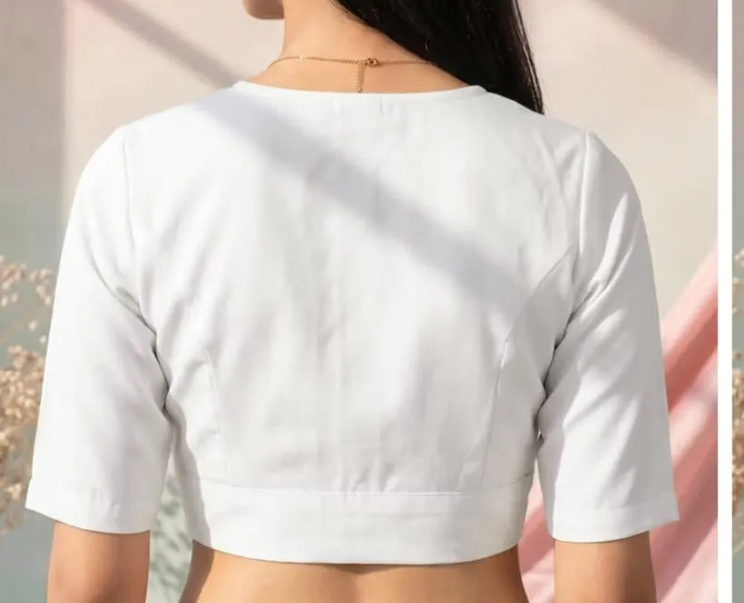 Solid V-Neck Readymade Blouse with Elbow Length Sleeves – Closed High Back Open Crop Top