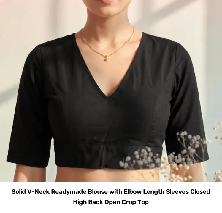 Solid V-Neck Readymade Blouse with Elbow Length Sleeves – Closed High Back Open Crop Top 2