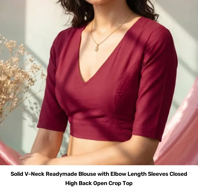 Solid V-Neck Readymade Blouse with Elbow Length Sleeves – Closed High Back Open Crop Top 6