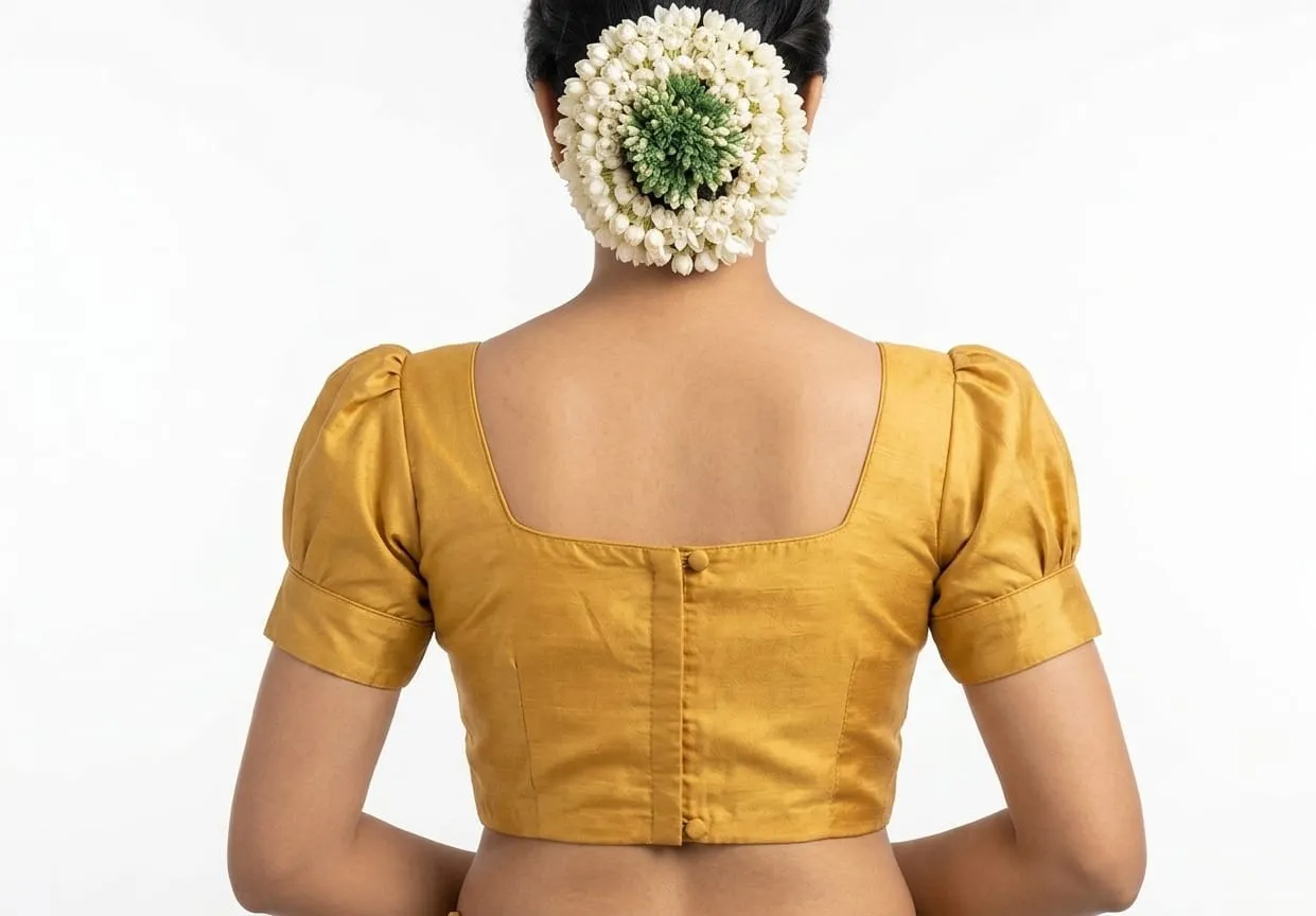 Square Neck Puff Sleeve Saree Blouse – Solid Raw Silk Readymade Crop Top with Back Open Hooks