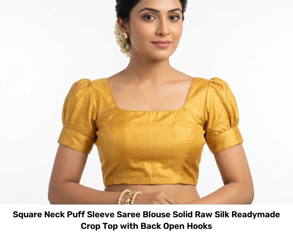 Square Neck Puff Sleeve Saree Blouse – Solid Raw Silk Readymade Crop Top with Back Open Hooks 2