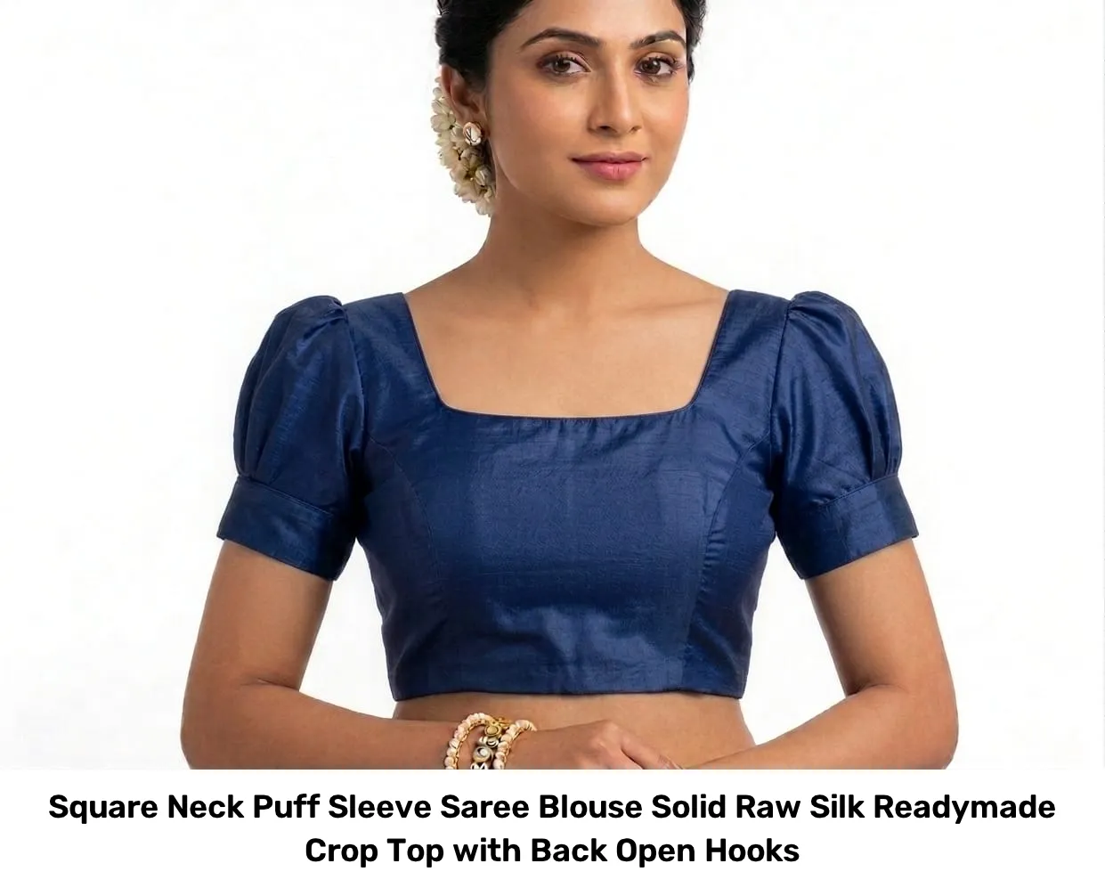 Square Neck Puff Sleeve Saree Blouse – Solid Raw Silk Readymade Crop Top with Back Open Hooks 3