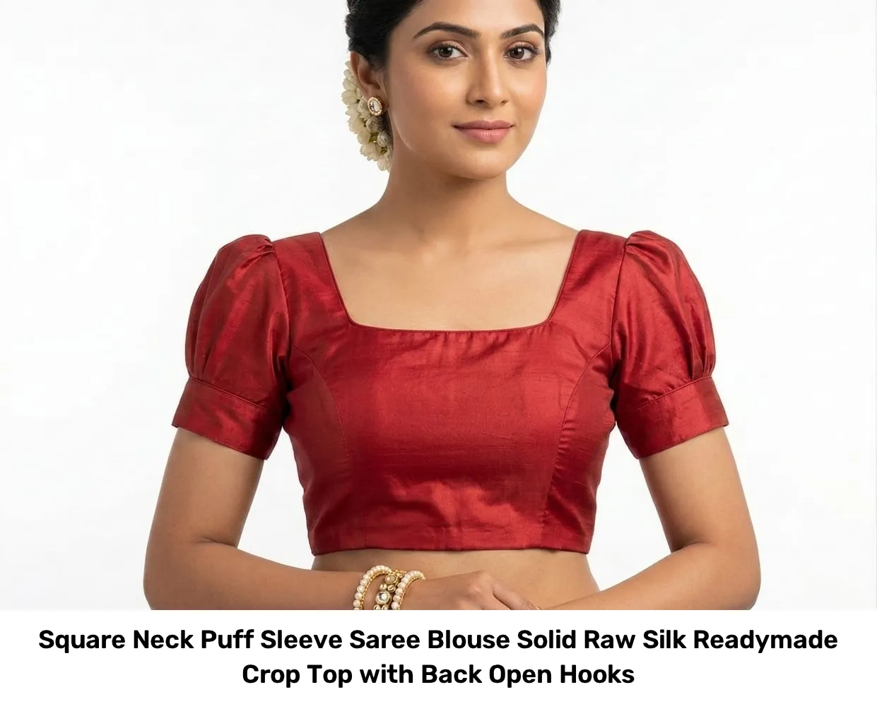 Square Neck Puff Sleeve Saree Blouse – Solid Raw Silk Readymade Crop Top with Back Open Hooks 4