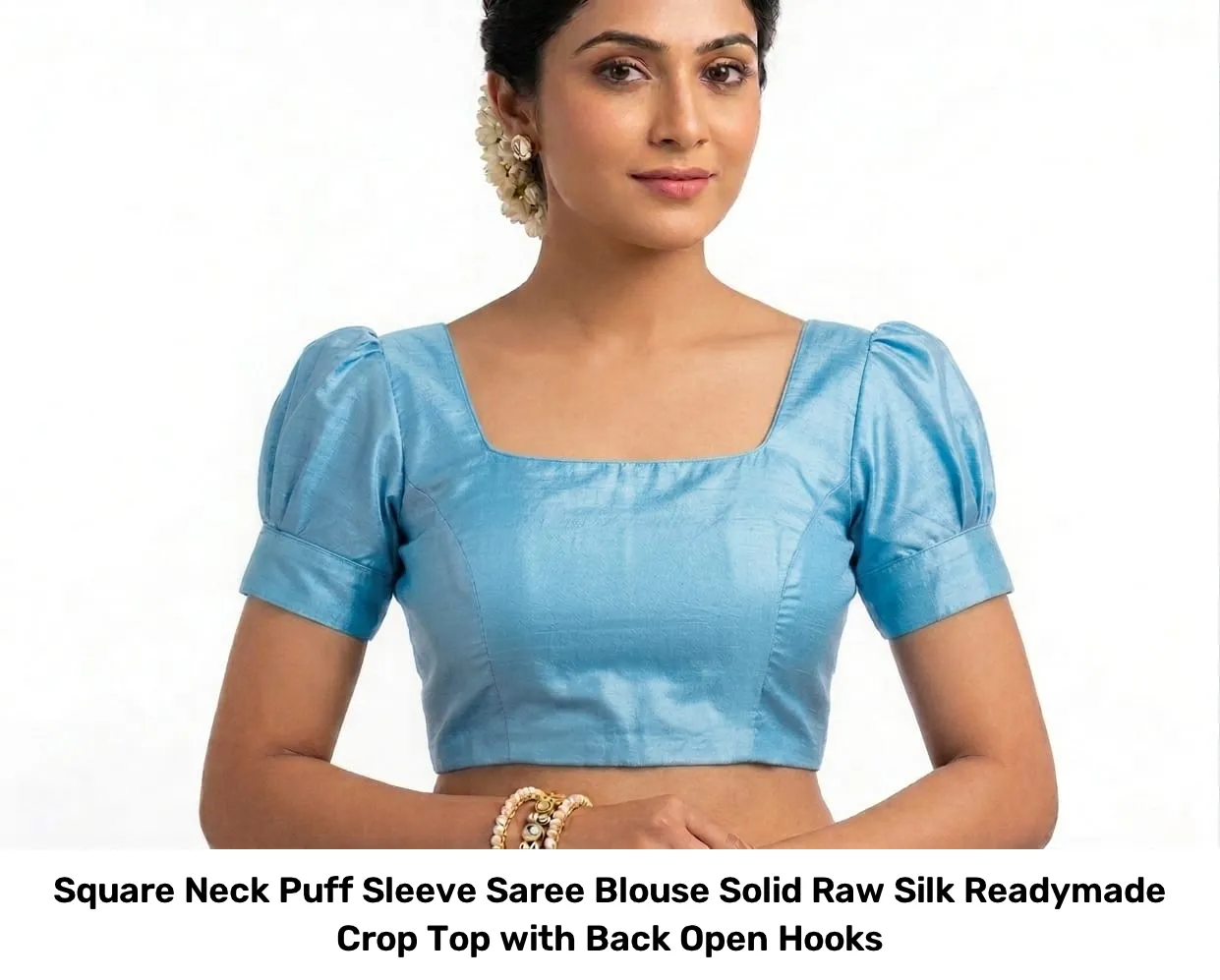 Square Neck Puff Sleeve Saree Blouse – Solid Raw Silk Readymade Crop Top with Back Open Hooks 5