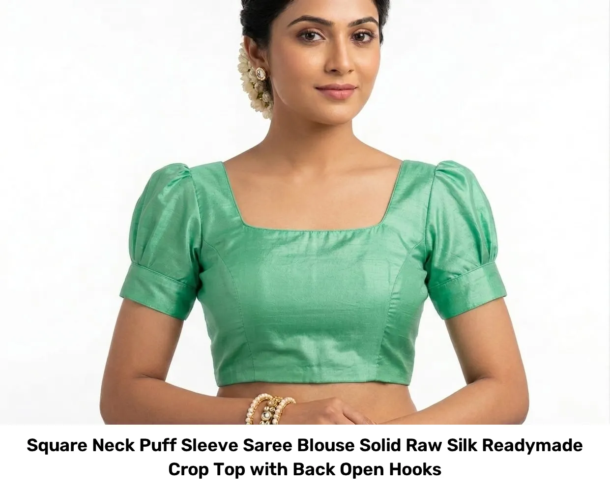 Square Neck Puff Sleeve Saree Blouse – Solid Raw Silk Readymade Crop Top with Back Open Hooks 6