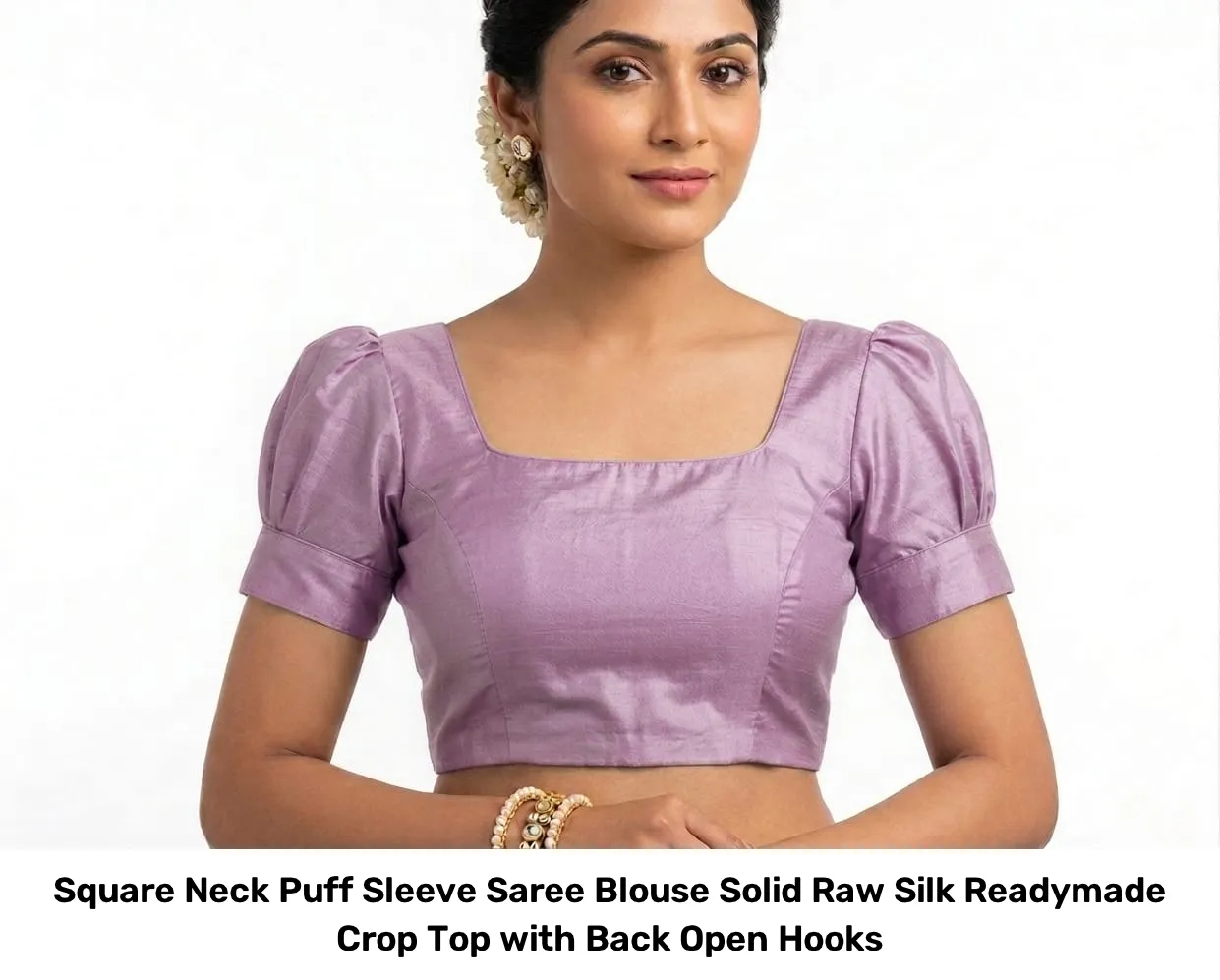 Square Neck Puff Sleeve Saree Blouse – Solid Raw Silk Readymade Crop Top with Back Open Hooks 7
