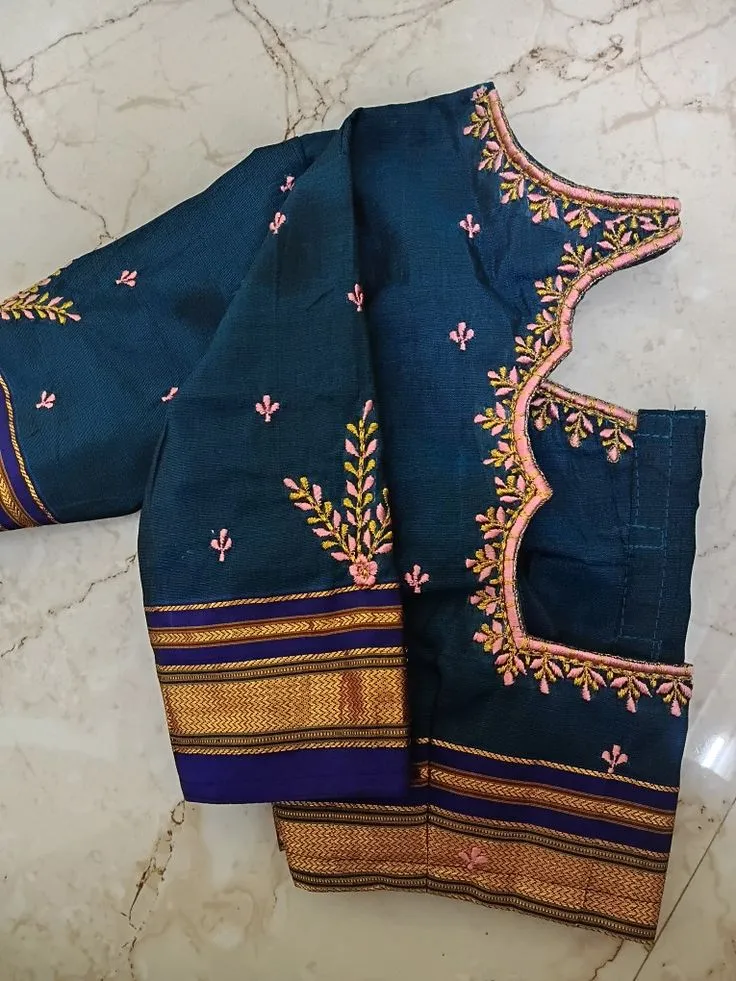 Stunning Peacock Blue Bridal Blouse – Hand Embroidered Floral Design with Rich Zari Border | Custom Fit