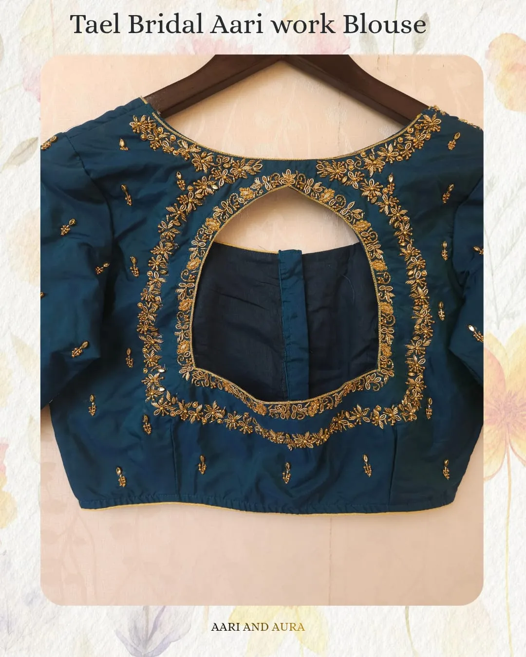 Teal Blue Bridal Aari Work Blouse with Tassel Sleeves | Handcrafted Zardosi Raw Silk Saree Blouse 1