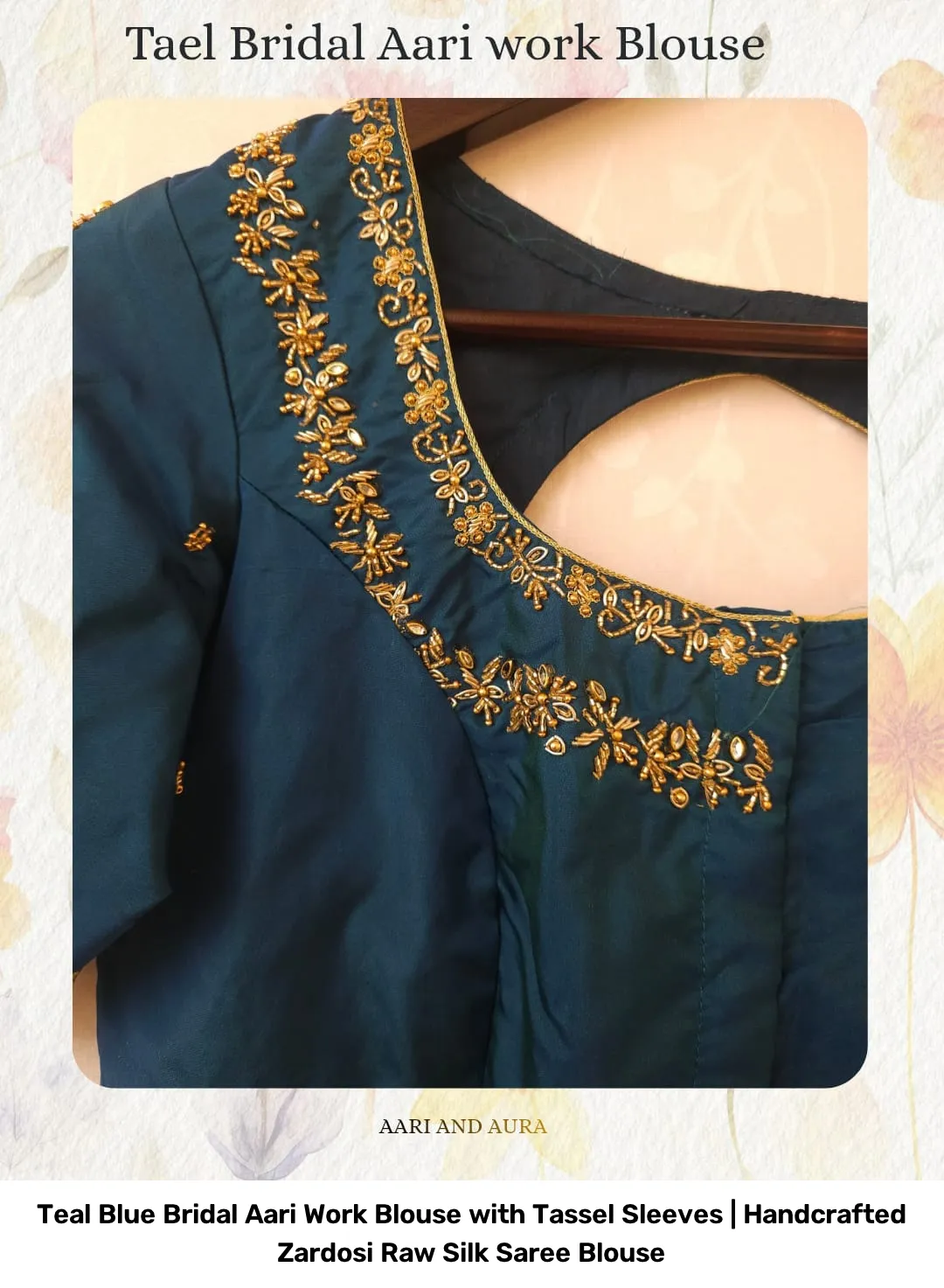 Teal Blue Bridal Aari Work Blouse with Tassel Sleeves | Handcrafted Zardosi Raw Silk Saree Blouse 5