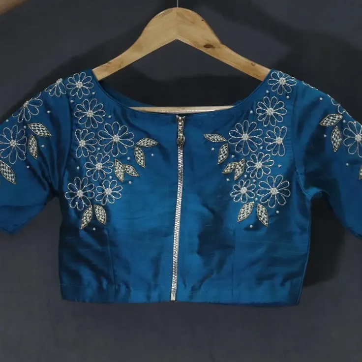 Teal Blue Raw Silk Designer Blouse | Handcrafted Pearl Daisy Floral Embroidery Front Zip Crop Top Choli 1