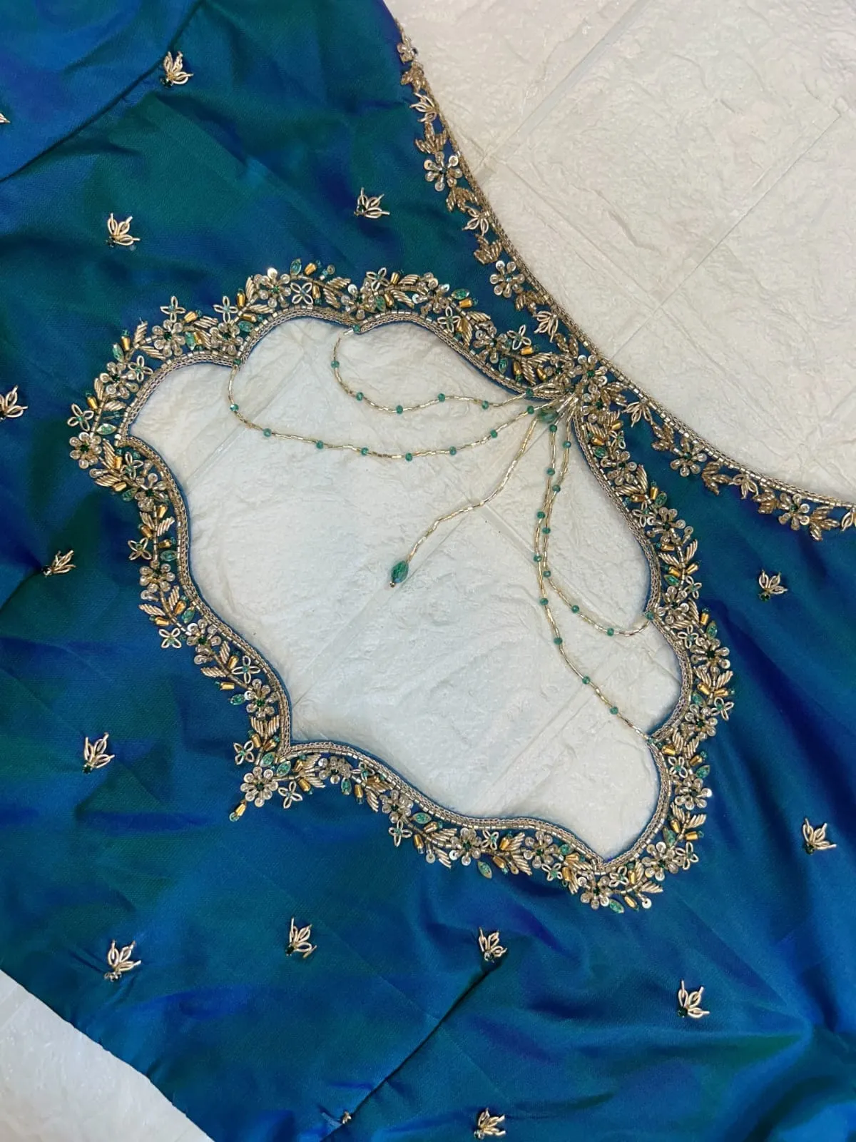 Teal Blue Raw Silk Saree Blouse | Heavy Hand Embroidered Floral Border & Bead Work 1