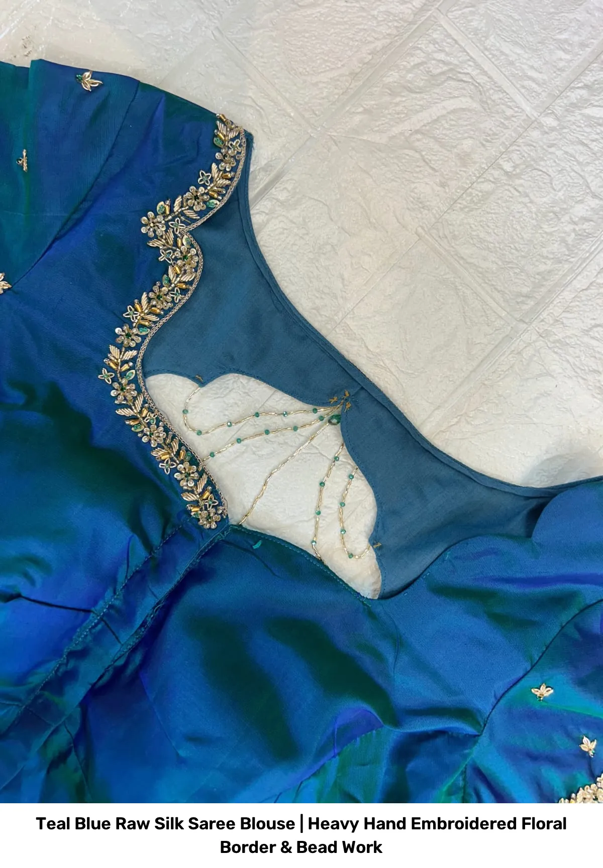 Teal Blue Raw Silk Saree Blouse | Heavy Hand Embroidered Floral Border & Bead Work 2