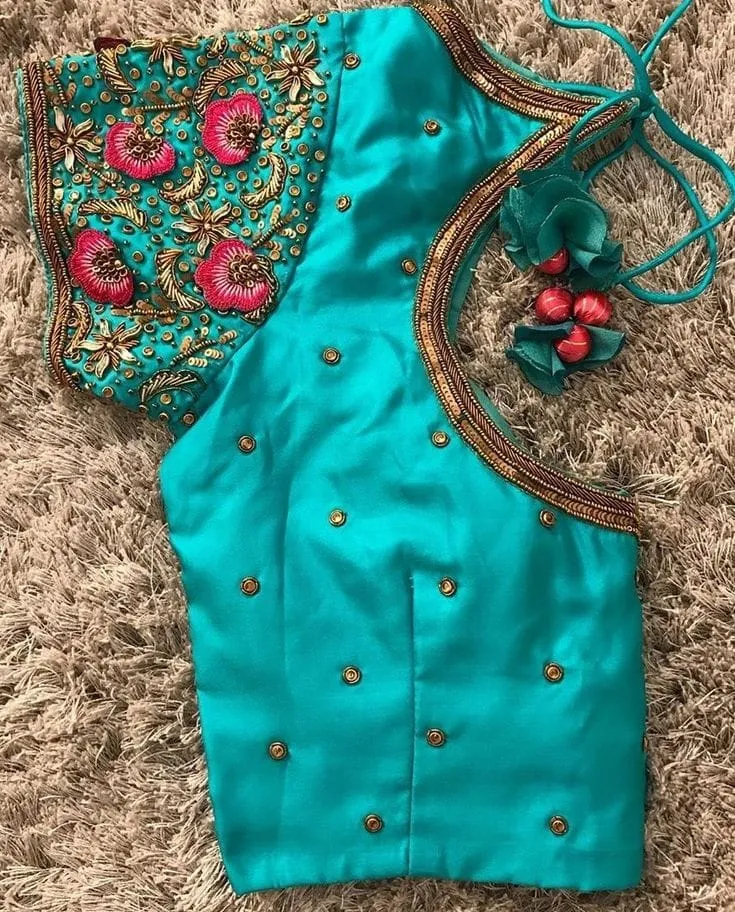 Teal Blue Silk Bridal Blouse | Pink Floral Maggam Work & Heavy Zari Sleeve Saree Blouse